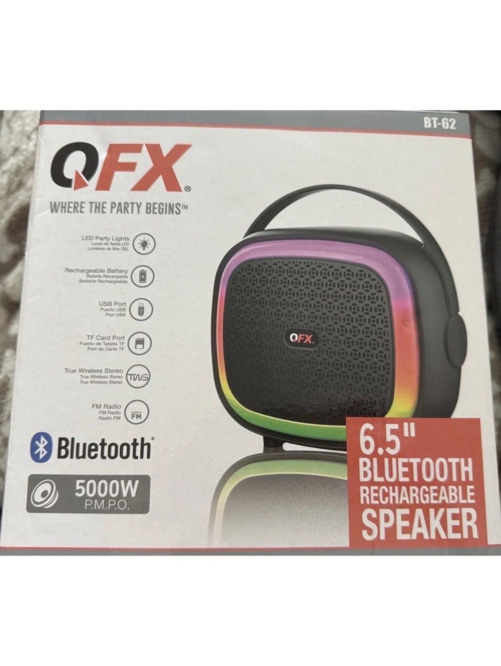 QFX BT-62 6.5” Bluetooth Rechargeable Speaker LED Lights FM Radio USB TWS OpenBx